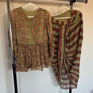 Floral peplum top and Striped Green and Red dhoti skirt Outfit